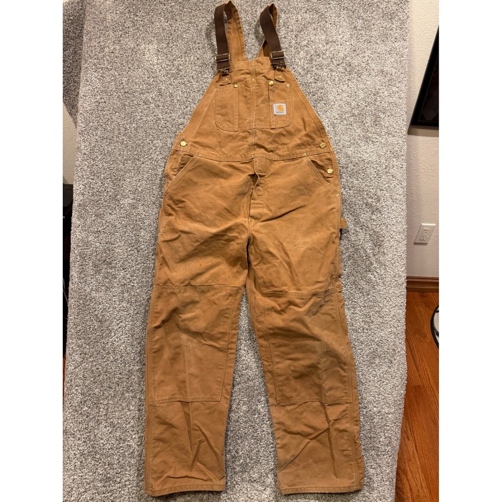 Carhartt R01 BRN Brown Canvas Double Knee Work Bib Overalls Mens 40x30‎ *